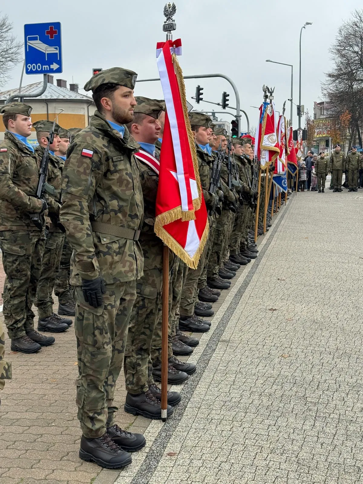 Rząd wojskowych w umundurowaniu zimowym stoi w szeregu na chodniku przy ulicy, kilku żołnierzy trzyma czerwone i białe sztandary z orłem państwowym, w tle sygnalizacja świetlna i przejście dla pieszych, dzień, atmosfera formalna.